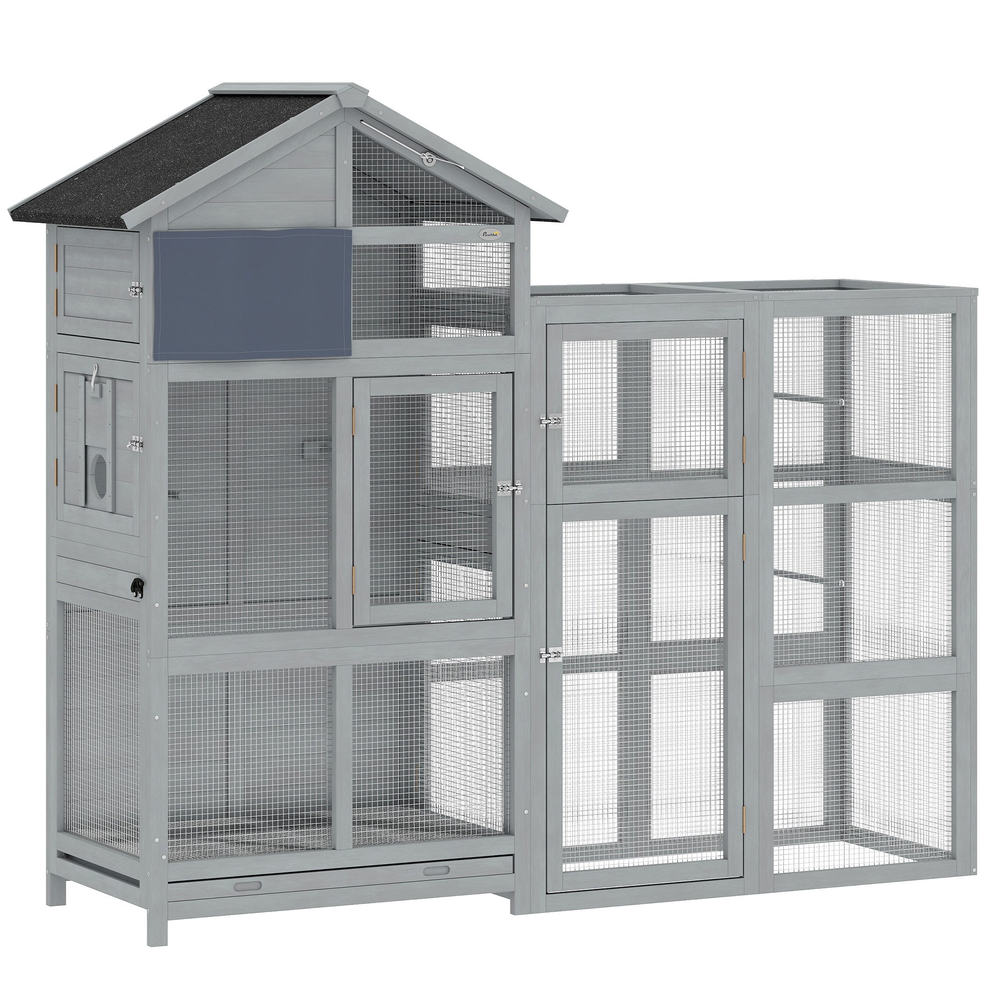 Wooden Bird Aviary with Extension — 6 Perches, 7 Doors, Storage Compartment, Pull-Out Drawer, Stainless Bowls for Finches & Budgies, Gray — 196 x 60 x 164.5 cm (77.2 x 23.6 x 64.8 in)