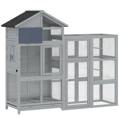 Wooden Bird Aviary with Extension — 6 Perches, 7 Doors, Storage Compartment, Pull-Out Drawer, Stainless Bowls for Finches & Budgies, Gray — 196 x 60 x 164.5 cm (77.2 x 23.6 x 64.8 in)