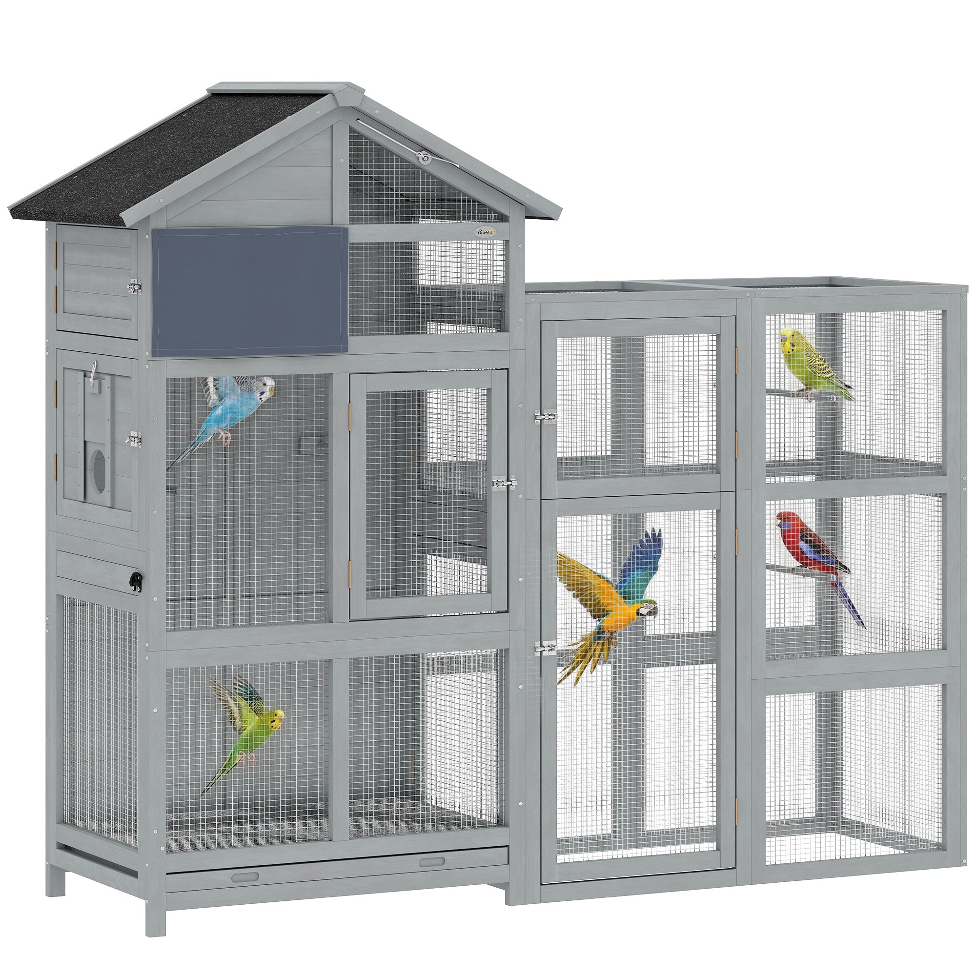 Wooden Bird Aviary with Extension — 6 Perches, 7 Doors, Storage Compartment, Pull-Out Drawer, Stainless Bowls for Finches & Budgies, Gray — 196 x 60 x 164.5 cm (77.2 x 23.6 x 64.8 in)