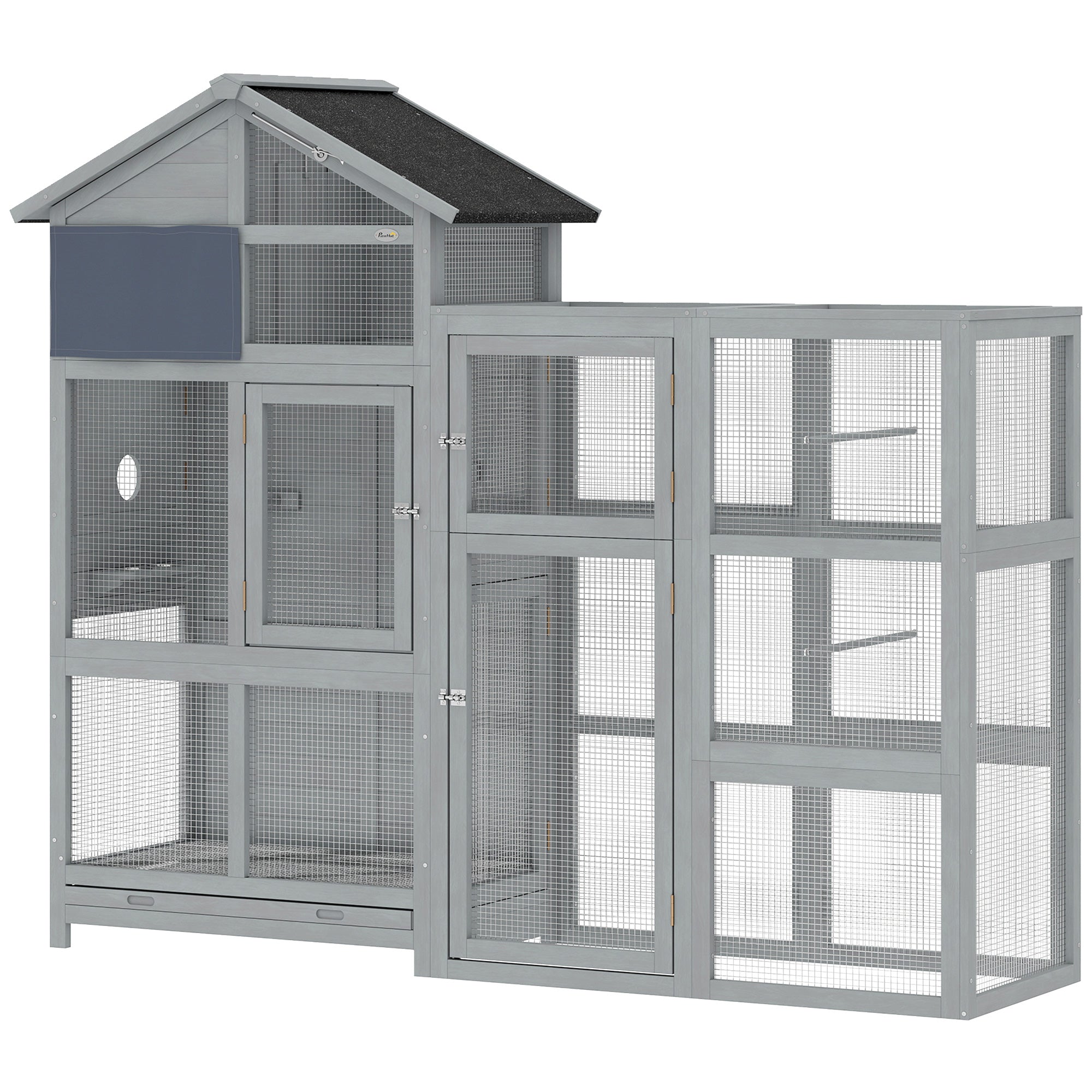 Wooden Bird Aviary with Extension — 6 Perches, 7 Doors, Storage Compartment, Pull-Out Drawer, Stainless Bowls for Finches & Budgies, Gray — 196 x 60 x 164.5 cm (77.2 x 23.6 x 64.8 in)