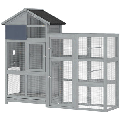 Wooden Bird Aviary with Extension — 6 Perches, 7 Doors, Storage Compartment, Pull-Out Drawer, Stainless Bowls for Finches & Budgies, Gray — 196 x 60 x 164.5 cm (77.2 x 23.6 x 64.8 in)