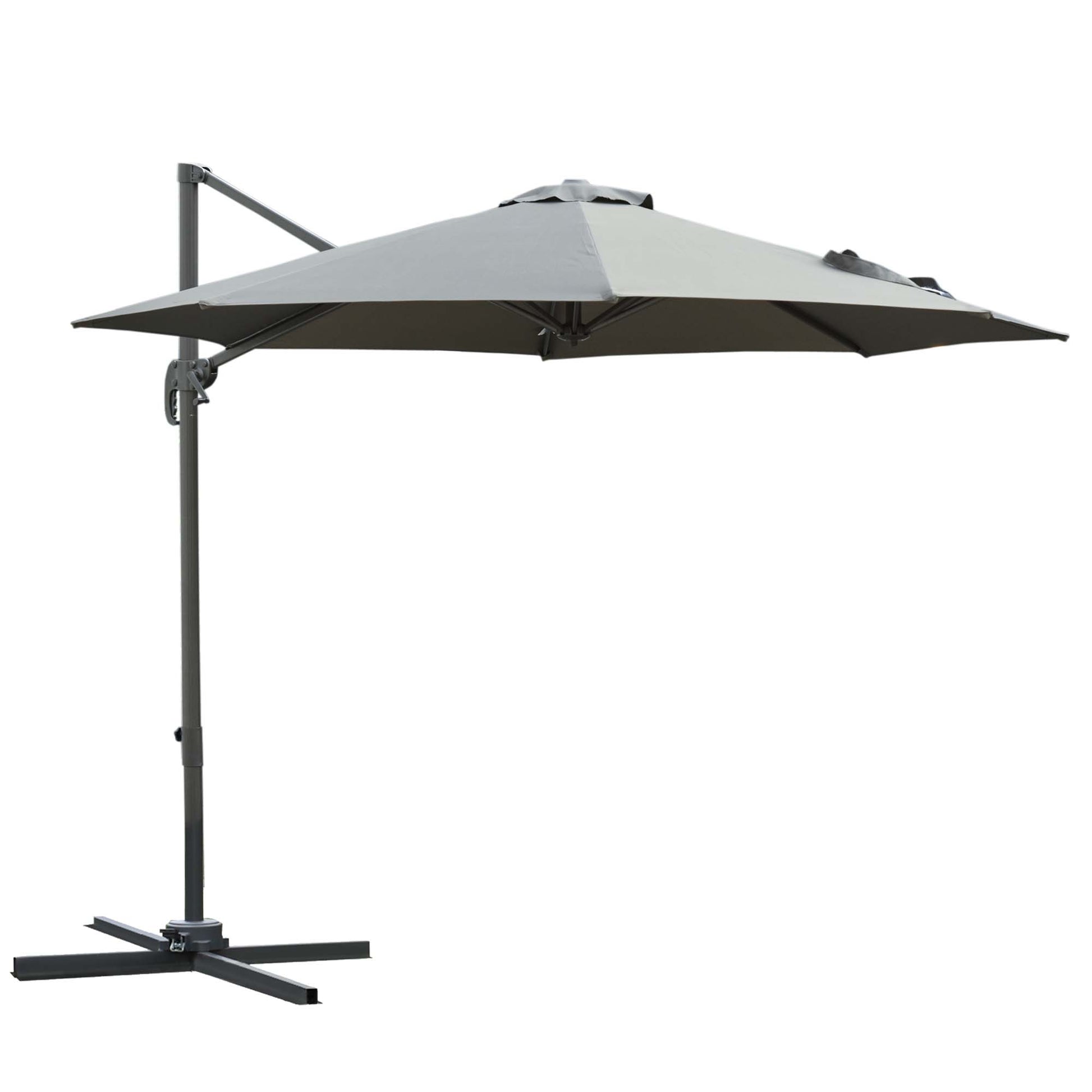 Octagonal Cantilever Tilted Patio Umbrella 360° Rotating with Cross Base and 8 Ribs Crank Handle Included Aluminum Steel Frame Ø 3 x 2.5H m Dark Gray