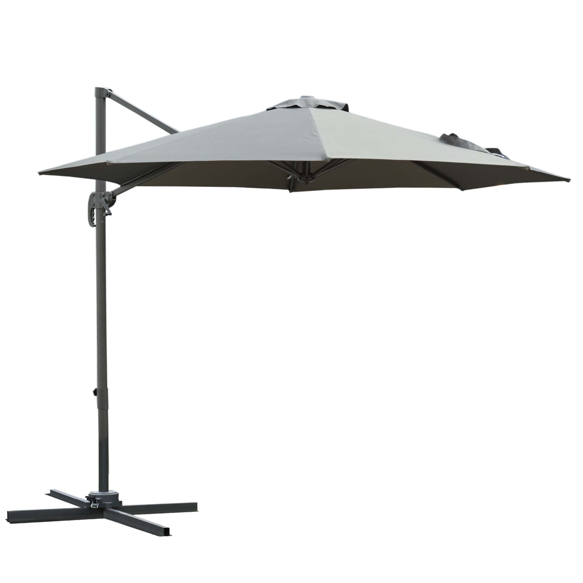 Octagonal Cantilever Tilted Patio Umbrella 360° Rotating with Cross Base and 8 Ribs Crank Handle Included Aluminum Steel Frame Ø 3 x 2.5H m Dark Gray