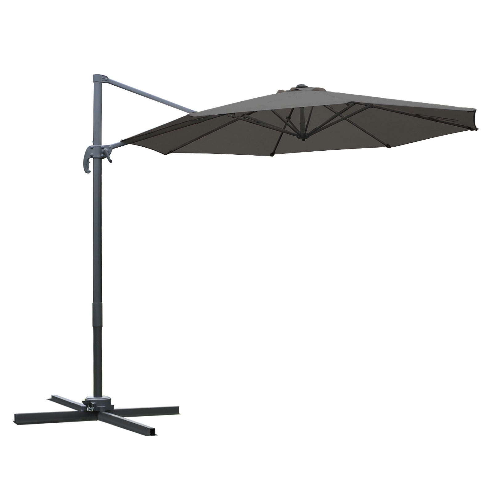 Octagonal Cantilever Tilted Patio Umbrella 360° Rotating with Cross Base and 8 Ribs Crank Handle Included Aluminum Steel Frame Ø 3 x 2.5H m Dark Gray