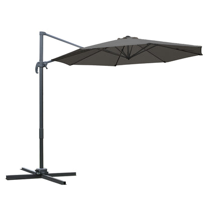 Octagonal Cantilever Tilted Patio Umbrella 360° Rotating with Cross Base and 8 Ribs Crank Handle Included Aluminum Steel Frame Ø 3 x 2.5H m Dark Gray