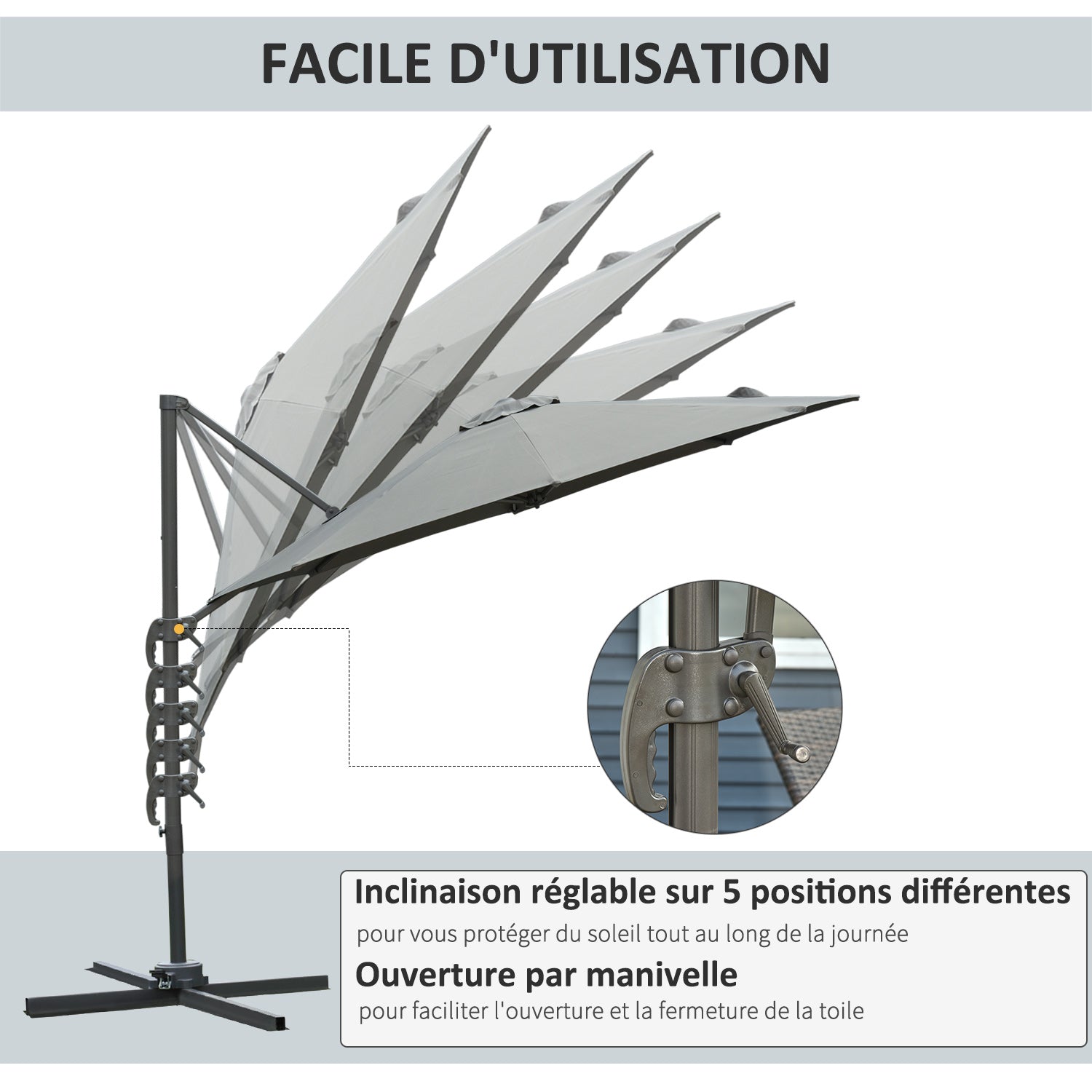 Octagonal Cantilever Tilted Patio Umbrella 360° Rotating with Cross Base and 8 Ribs Crank Handle Included Aluminum Steel Frame Ø 3 x 2.5H m Dark Gray