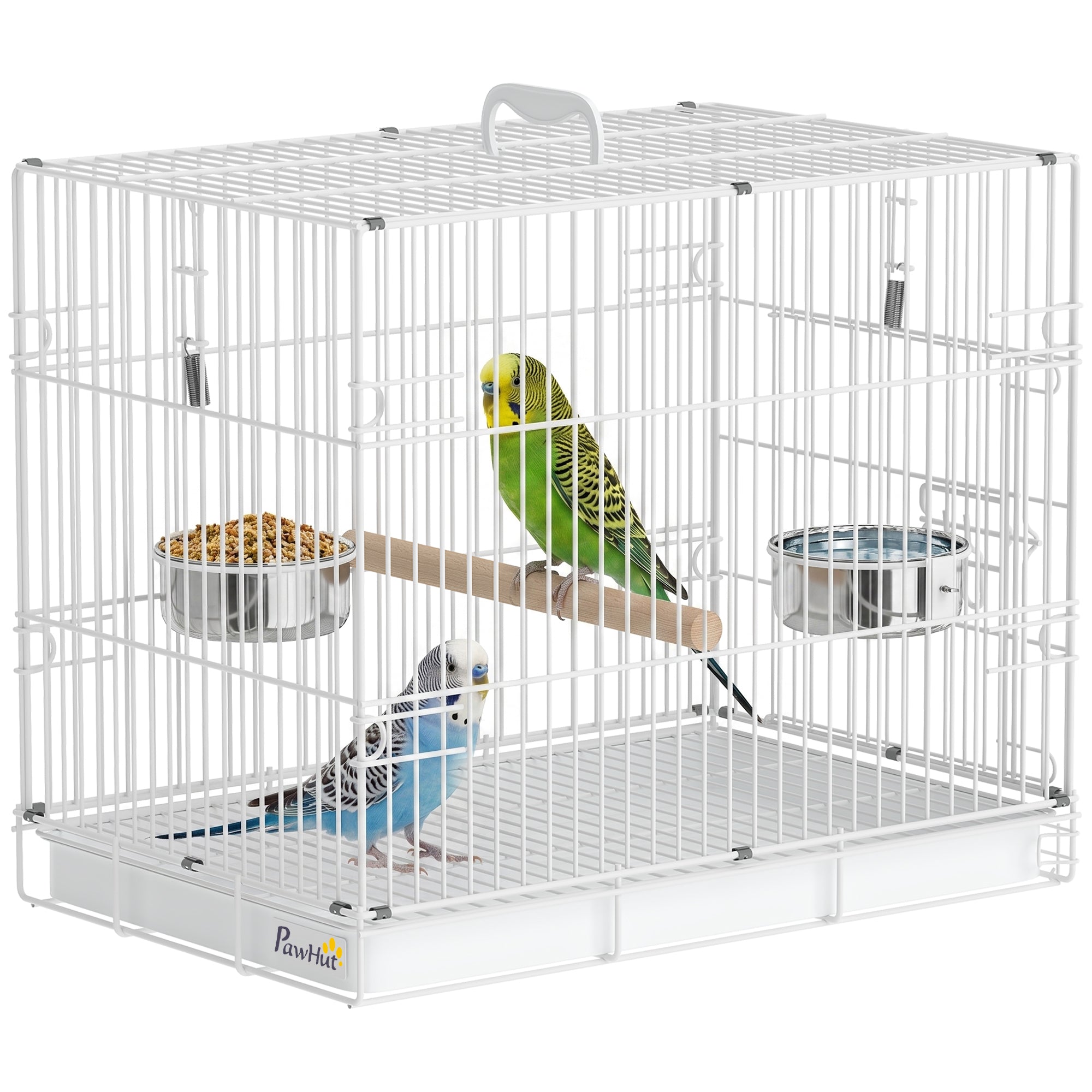 Collapsible Bird Cage with Wooden Perch, 2 Stainless Bowls & Carry Handle — Steel Cage with Removable Tray for Budgies & Cockatiels, White, 49 x 31 x 40 cm (19.3 x 12.2 x 15.7 in)