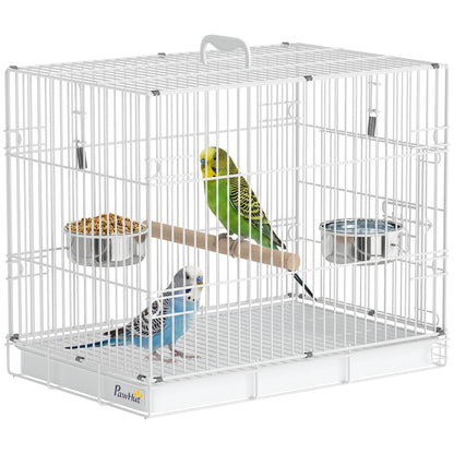 Collapsible Bird Cage with Wooden Perch, 2 Stainless Bowls & Carry Handle — Steel Cage with Removable Tray for Budgies & Cockatiels, White, 49 x 31 x 40 cm (19.3 x 12.2 x 15.7 in)