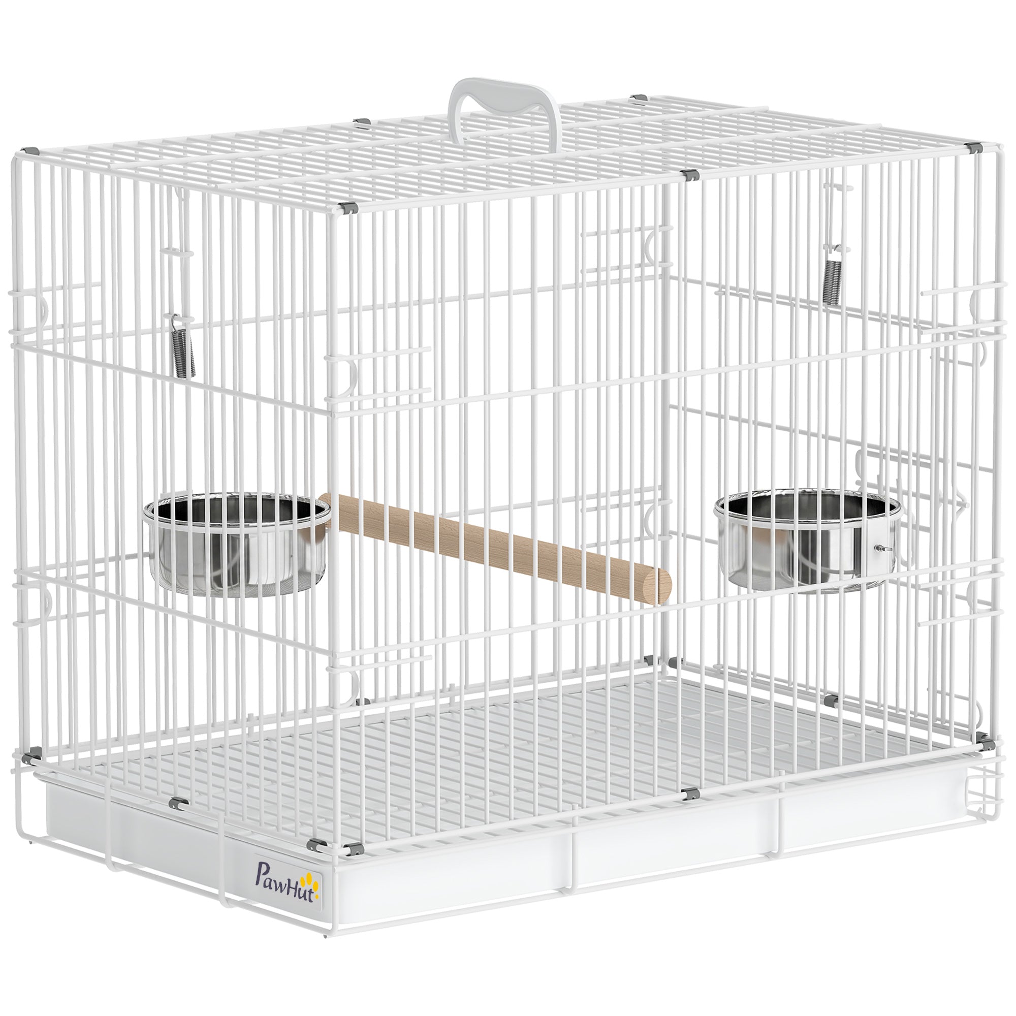 Collapsible Bird Cage with Wooden Perch, 2 Stainless Bowls & Carry Handle — Steel Cage with Removable Tray for Budgies & Cockatiels, White, 49 x 31 x 40 cm (19.3 x 12.2 x 15.7 in)