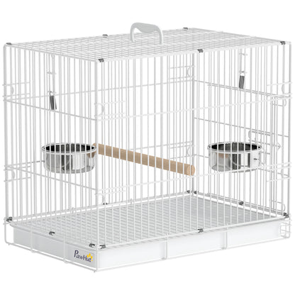 Collapsible Bird Cage with Wooden Perch, 2 Stainless Bowls & Carry Handle — Steel Cage with Removable Tray for Budgies & Cockatiels, White, 49 x 31 x 40 cm (19.3 x 12.2 x 15.7 in)