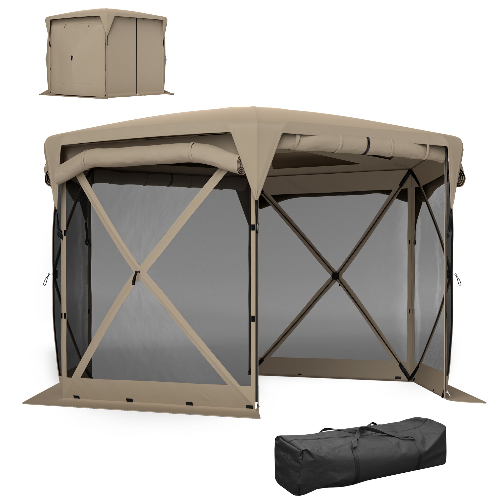 Pavilion Hexagonal Approx. 3.5x3m Pop-up Folding Pavilion with Removable Roof UV 30+ Foldable Waterproof Party Tent Gazebo with 5 Side Panels Garden Pavilion for Camping Garden Festival, Khaki