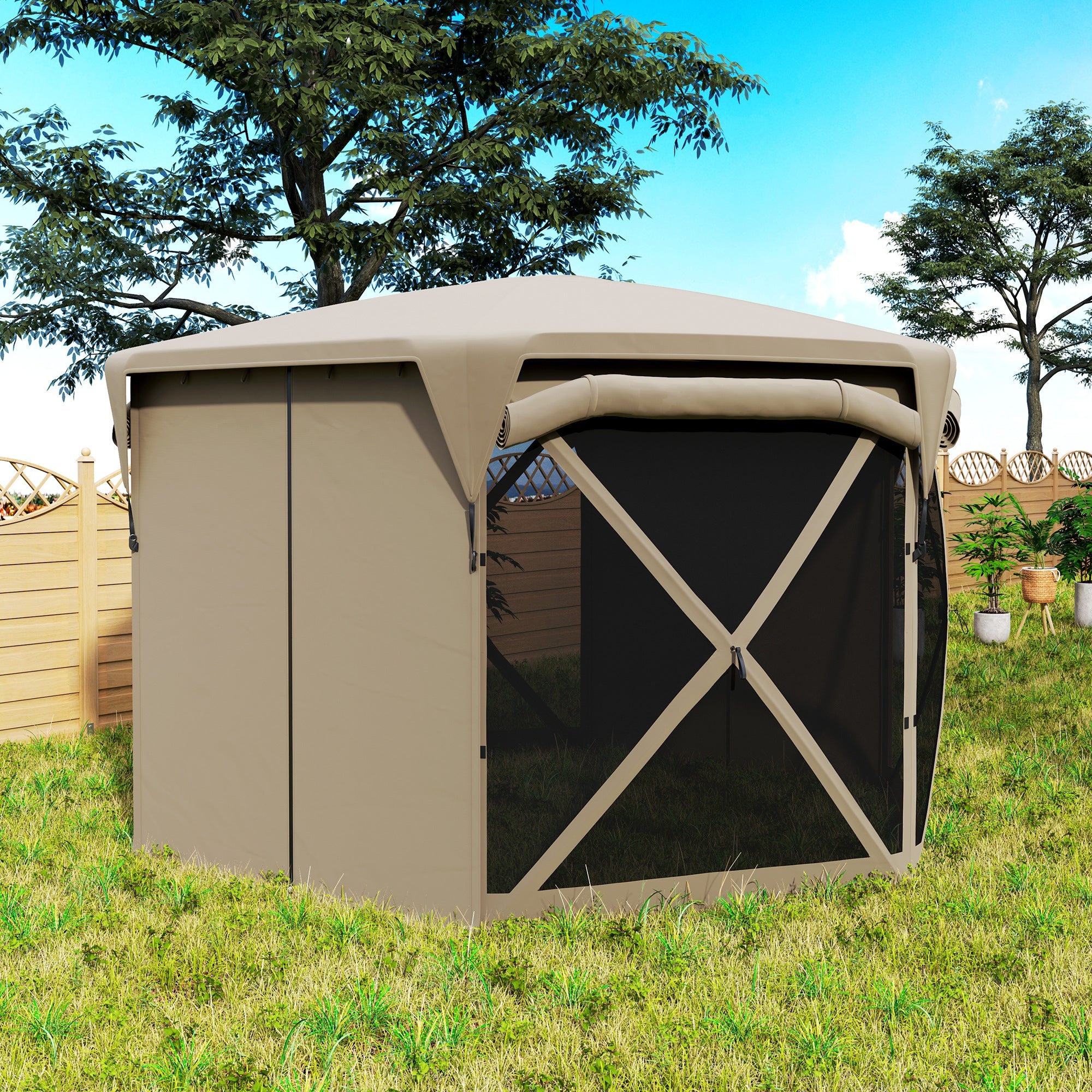 Pavilion Hexagonal Approx. 3.5x3m Pop-up Folding Pavilion with Removable Roof UV 30+ Foldable Waterproof Party Tent Gazebo with 5 Side Panels Garden Pavilion for Camping Garden Festival, Khaki