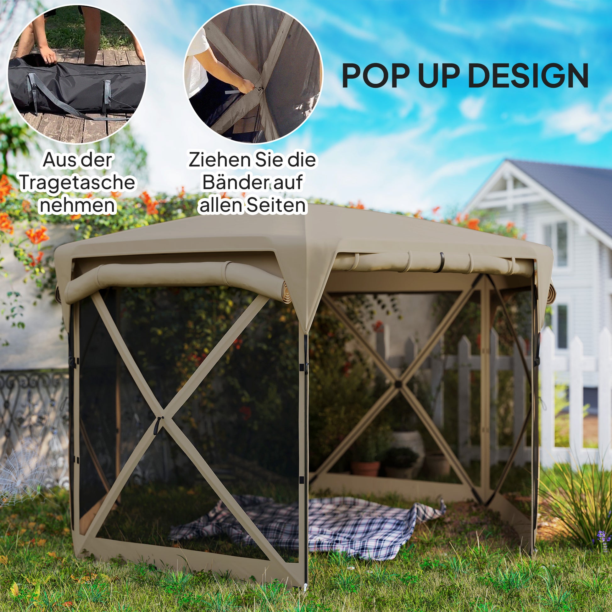 Pavilion Hexagonal Approx. 3.5x3m Pop-up Folding Pavilion with Removable Roof UV 30+ Foldable Waterproof Party Tent Gazebo with 5 Side Panels Garden Pavilion for Camping Garden Festival, Khaki