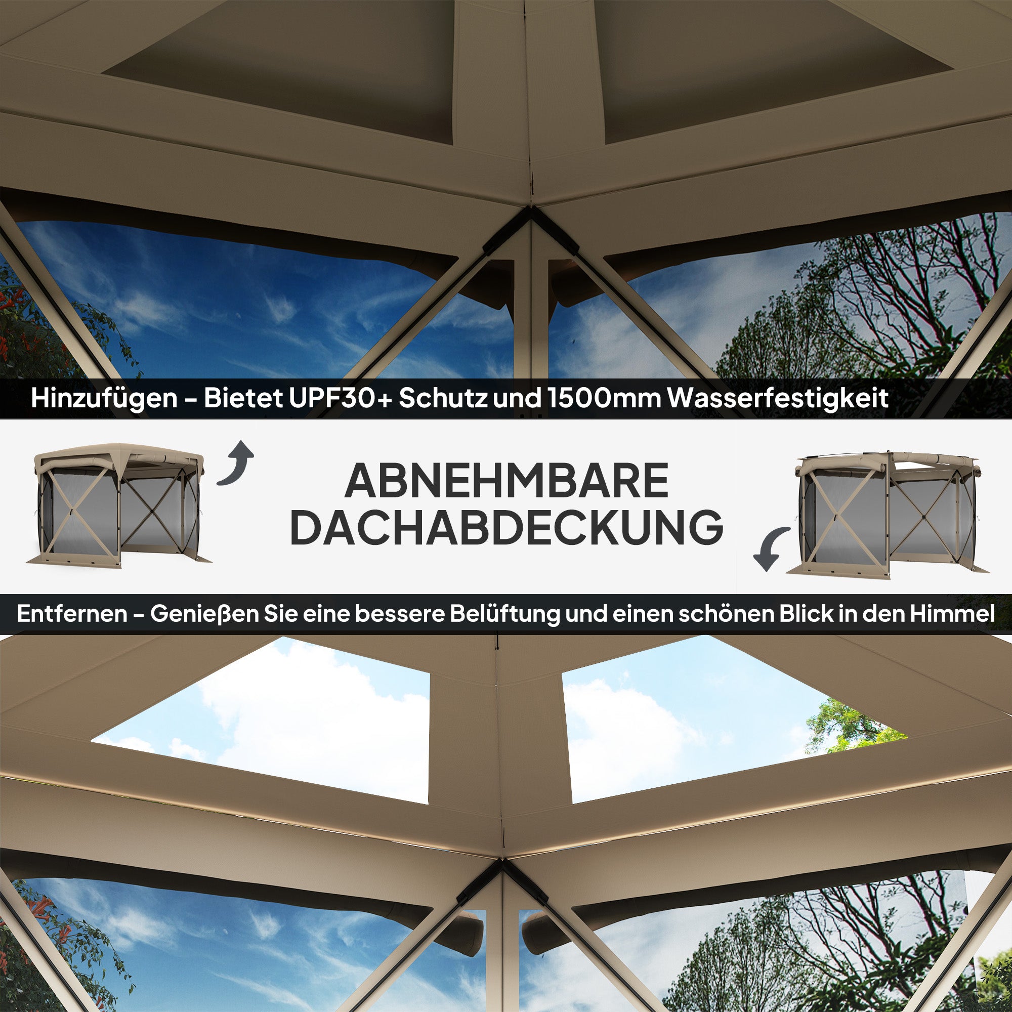 Pavilion Hexagonal Approx. 3.5x3m Pop-up Folding Pavilion with Removable Roof UV 30+ Foldable Waterproof Party Tent Gazebo with 5 Side Panels Garden Pavilion for Camping Garden Festival, Khaki