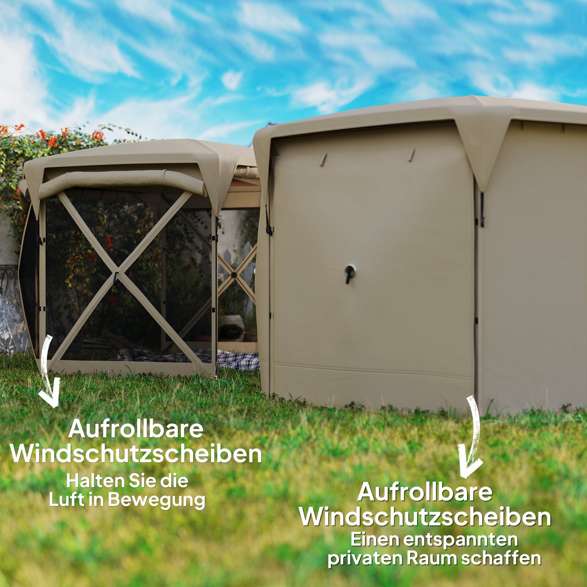 Pavilion Hexagonal Approx. 3.5x3m Pop-up Folding Pavilion with Removable Roof UV 30+ Foldable Waterproof Party Tent Gazebo with 5 Side Panels Garden Pavilion for Camping Garden Festival, Khaki