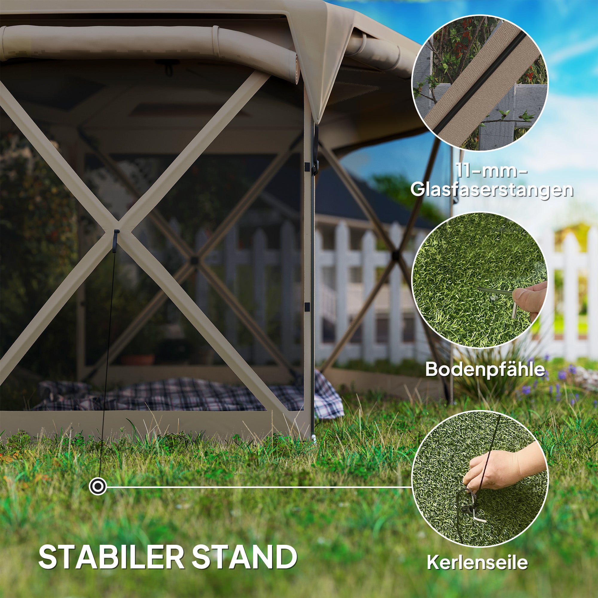 Pavilion Hexagonal Approx. 3.5x3m Pop-up Folding Pavilion with Removable Roof UV 30+ Foldable Waterproof Party Tent Gazebo with 5 Side Panels Garden Pavilion for Camping Garden Festival, Khaki
