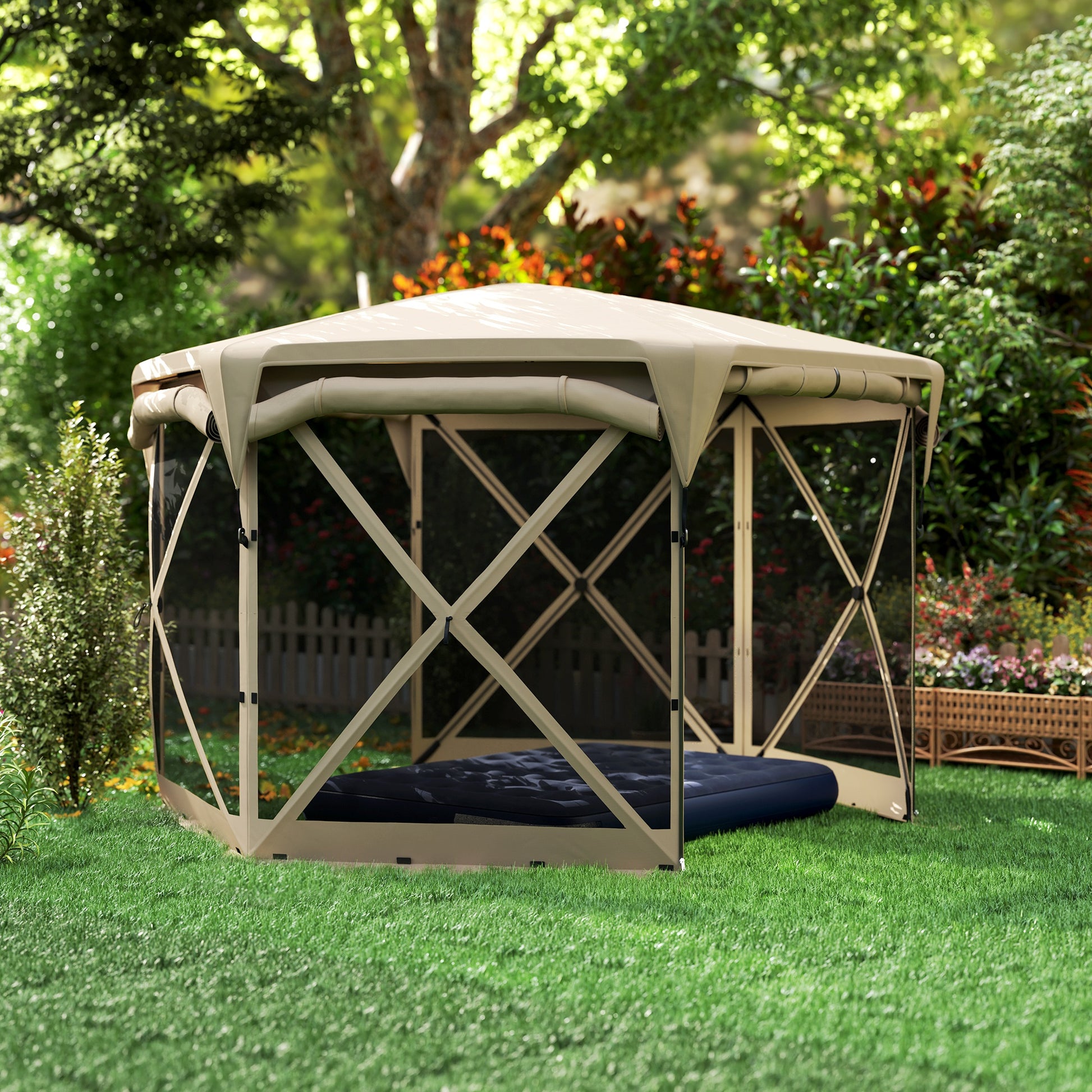 Pavilion Hexagonal Approx. 3.5x3m Pop-up Folding Pavilion with Removable Roof UV 30+ Foldable Waterproof Party Tent Gazebo with 5 Side Panels Garden Pavilion for Camping Garden Festival, Khaki