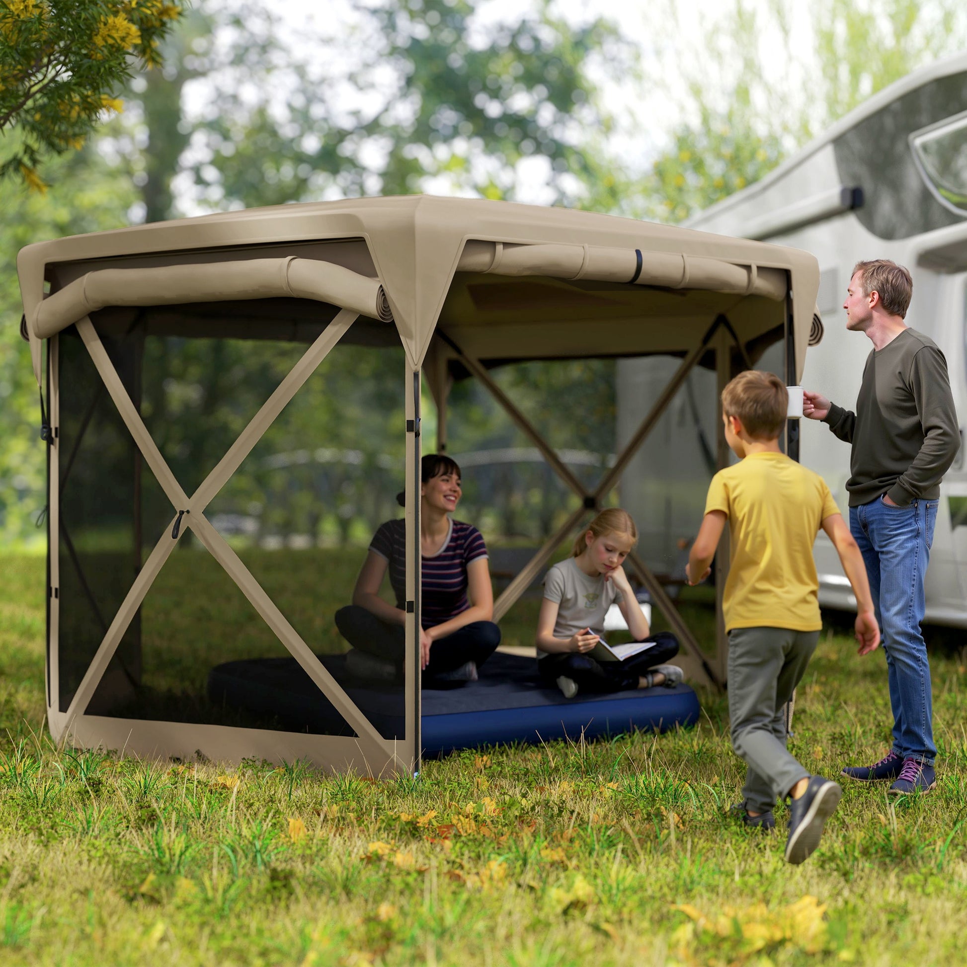 Pavilion Hexagonal Approx. 3.5x3m Pop-up Folding Pavilion with Removable Roof UV 30+ Foldable Waterproof Party Tent Gazebo with 5 Side Panels Garden Pavilion for Camping Garden Festival, Khaki