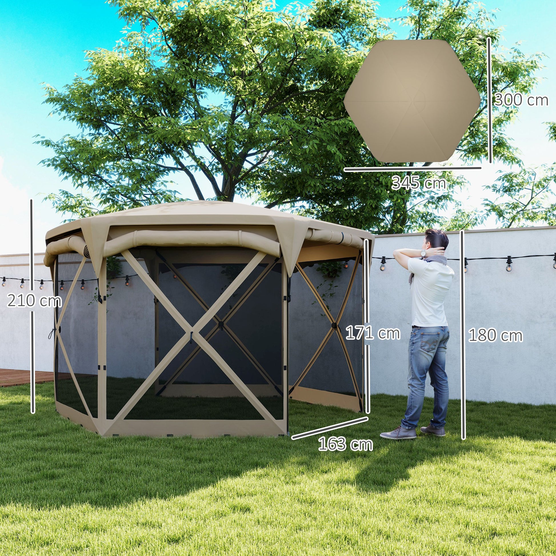 Pavilion Hexagonal Approx. 3.5x3m Pop-up Folding Pavilion with Removable Roof UV 30+ Foldable Waterproof Party Tent Gazebo with 5 Side Panels Garden Pavilion for Camping Garden Festival, Khaki