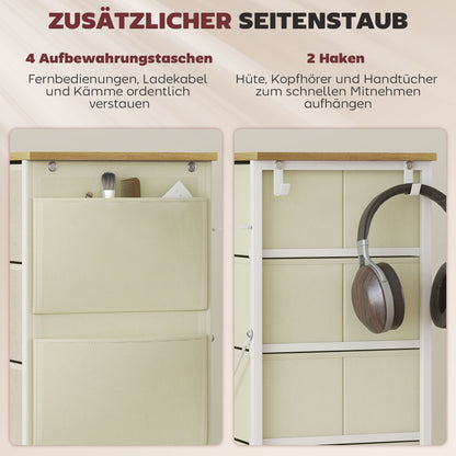 5-Drawer Fabric Dresser with Hooks & Side Pockets, Steel Frame – Beige