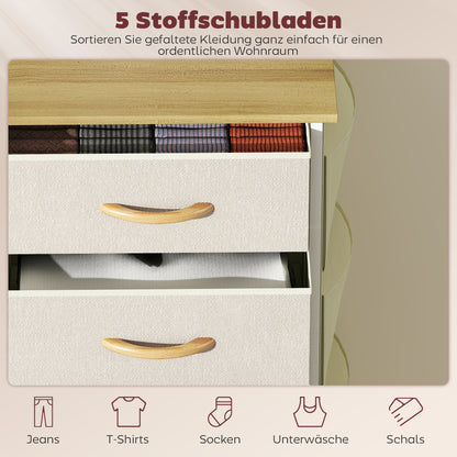 5-Drawer Fabric Dresser with Hooks & Side Pockets, Steel Frame – Beige