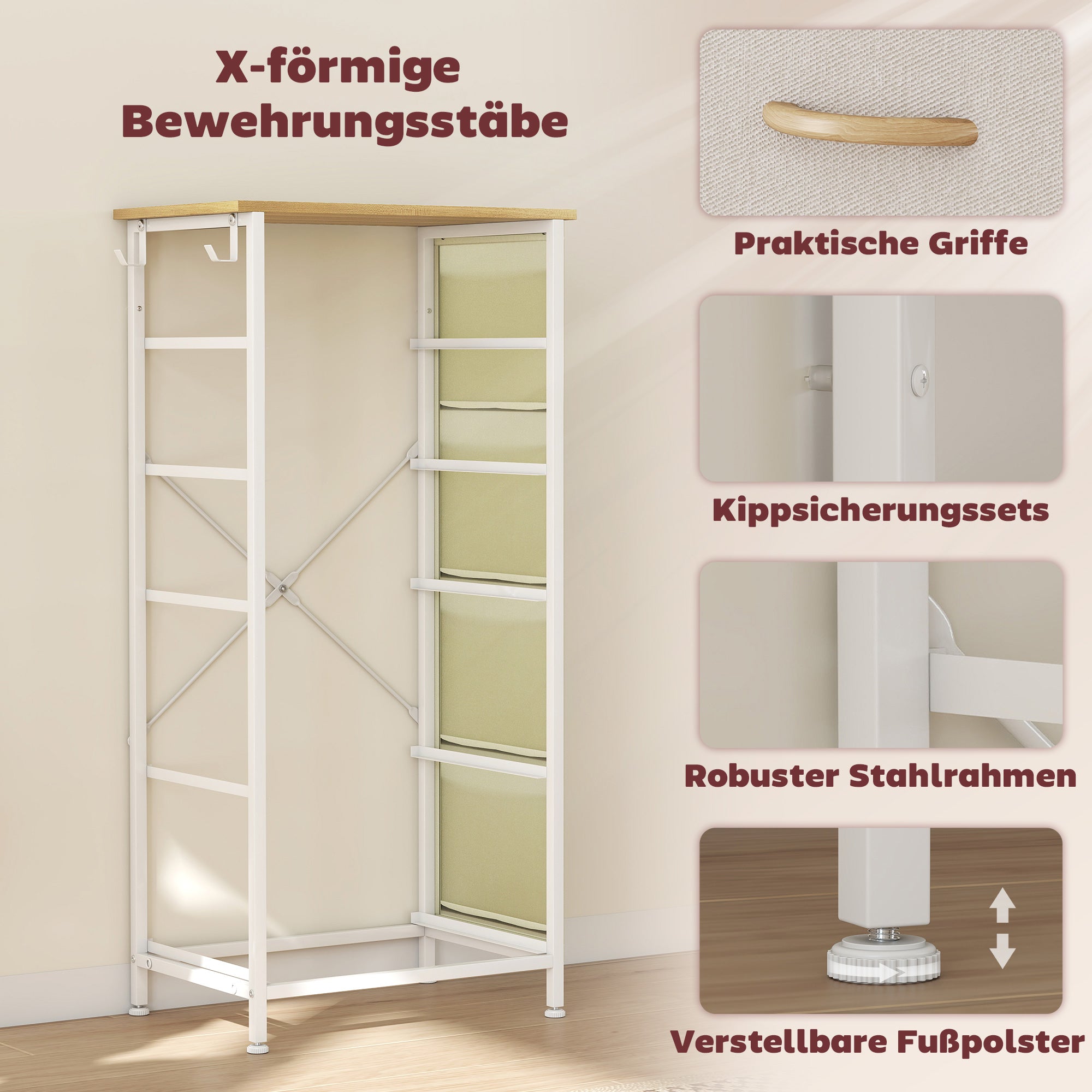 5-Drawer Fabric Dresser with Hooks & Side Pockets, Steel Frame – Beige