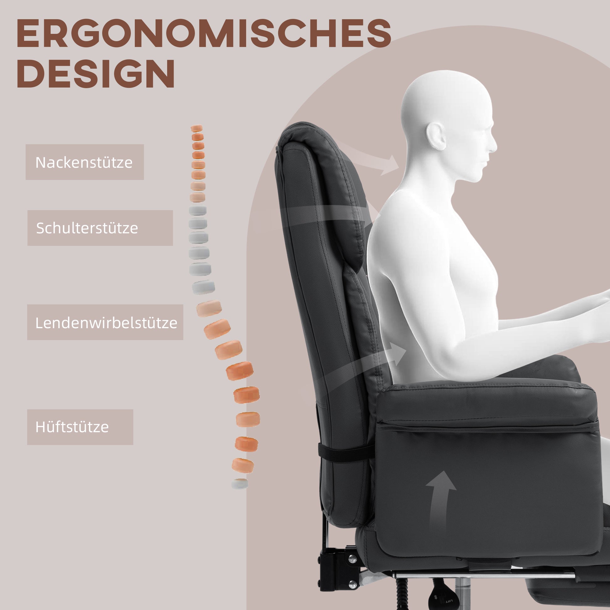 Office Chair, Ergonomic Desk Chair with Reclining Function, Lumbar Cushion, Height Adjustable Computer Chair with Footrest, Swivel Function, for Home Office, Faux Leather, Black