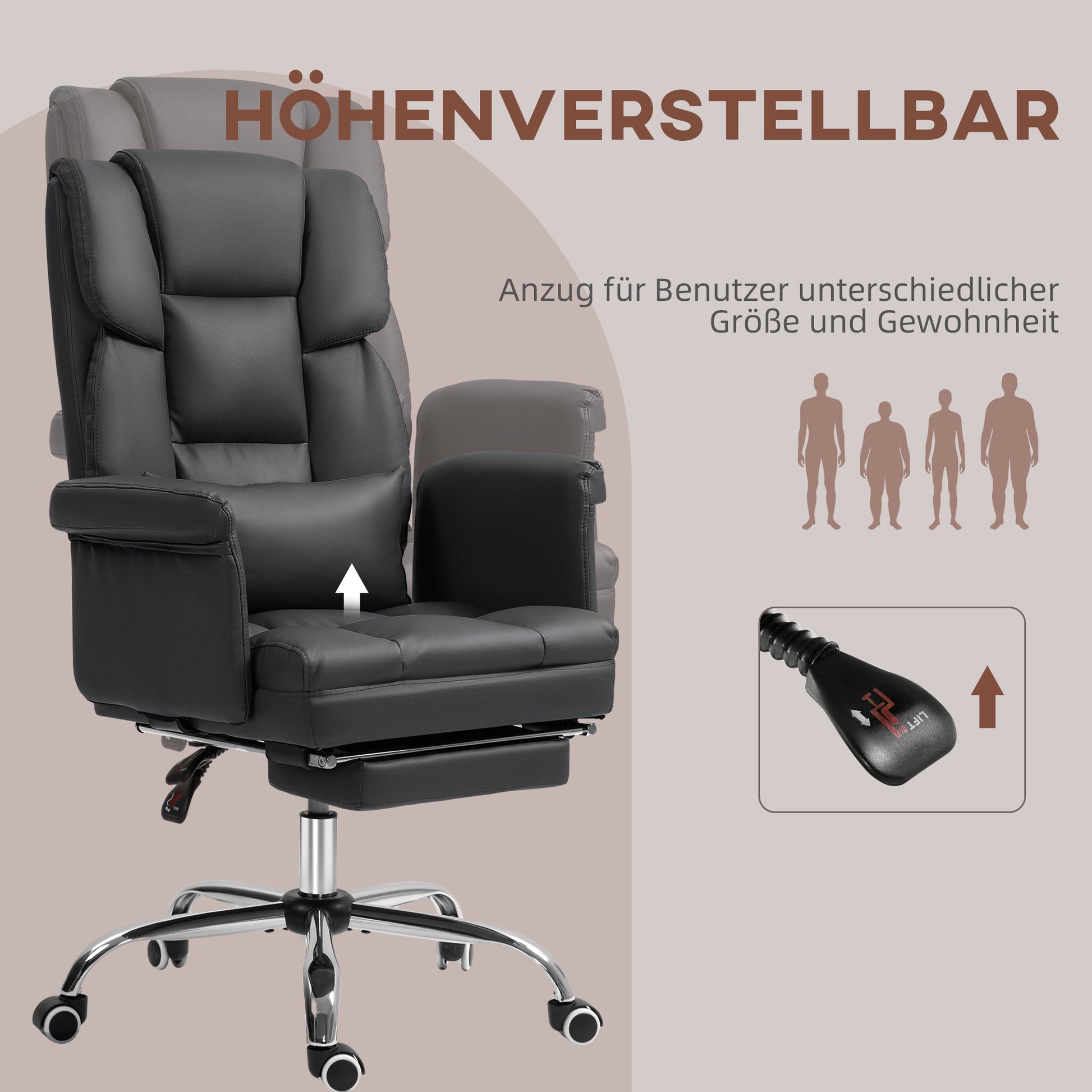 Office Chair, Ergonomic Desk Chair with Reclining Function, Lumbar Cushion, Height Adjustable Computer Chair with Footrest, Swivel Function, for Home Office, Faux Leather, Black