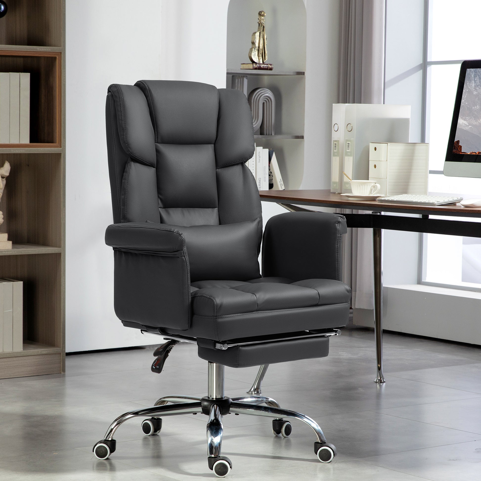 Office Chair, Ergonomic Desk Chair with Reclining Function, Lumbar Cushion, Height Adjustable Computer Chair with Footrest, Swivel Function, for Home Office, Faux Leather, Black
