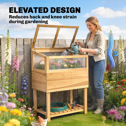 Raised Wooden Planter with Cold Frame – Elevated Garden Bed with Hinged Cover & Storage Shelf, Ergonomic Flower/Vegetable Bed for Garden & Balcony, 31.5 x 17.7 x 42.7 in (80 x 45 x 108.5 cm), Natural Wood