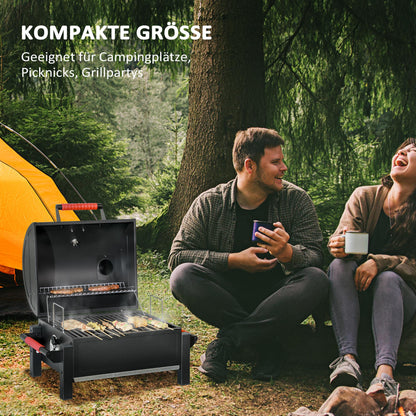 Wooden Charcoal Grill, Tabletop Grill with Grate, Charcoal Pan, Camping Grill with Lid, Handle, Thermometer, Table Wood Grill for Picnic, Garden, Black, 68.5 x 50 x 54 cm