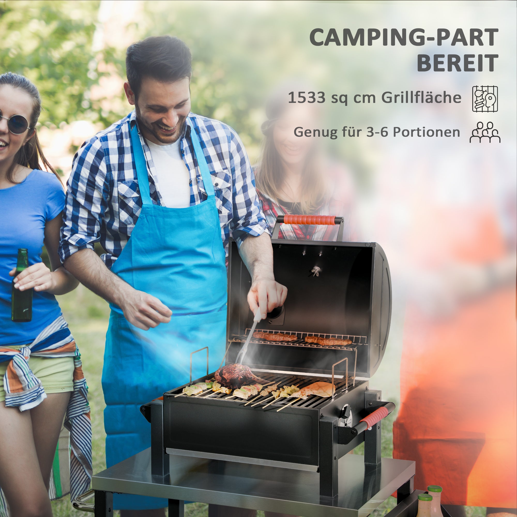 Wooden Charcoal Grill, Tabletop Grill with Grate, Charcoal Pan, Camping Grill with Lid, Handle, Thermometer, Table Wood Grill for Picnic, Garden, Black, 68.5 x 50 x 54 cm