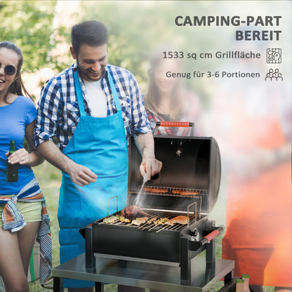 Wooden Charcoal Grill, Tabletop Grill with Grate, Charcoal Pan, Camping Grill with Lid, Handle, Thermometer, Table Wood Grill for Picnic, Garden, Black, 68.5 x 50 x 54 cm