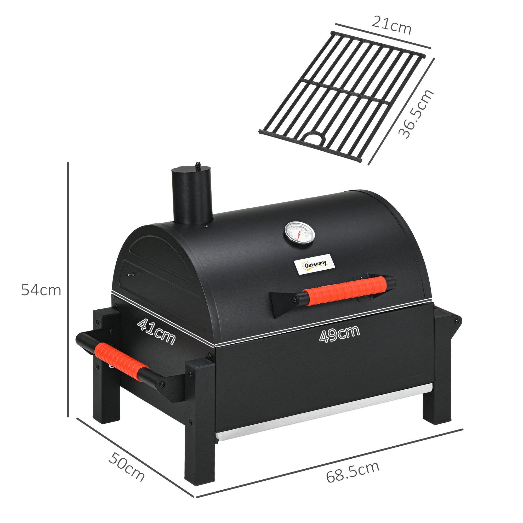 Wooden Charcoal Grill, Tabletop Grill with Grate, Charcoal Pan, Camping Grill with Lid, Handle, Thermometer, Table Wood Grill for Picnic, Garden, Black, 68.5 x 50 x 54 cm
