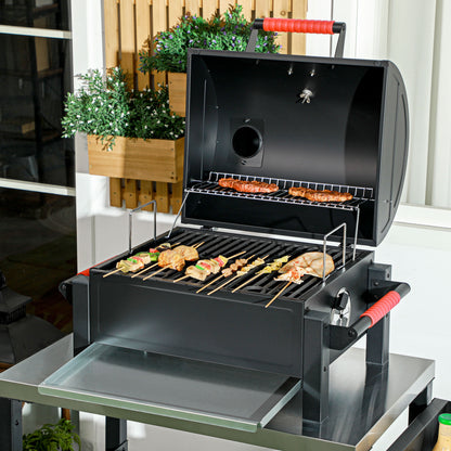 Wooden Charcoal Grill, Tabletop Grill with Grate, Charcoal Pan, Camping Grill with Lid, Handle, Thermometer, Table Wood Grill for Picnic, Garden, Black, 68.5 x 50 x 54 cm