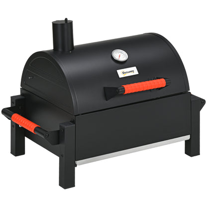 Wooden Charcoal Grill, Tabletop Grill with Grate, Charcoal Pan, Camping Grill with Lid, Handle, Thermometer, Table Wood Grill for Picnic, Garden, Black, 68.5 x 50 x 54 cm