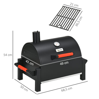Wooden Charcoal Grill, Tabletop Grill with Grate, Charcoal Pan, Camping Grill with Lid, Handle, Thermometer, Table Wood Grill for Picnic, Garden, Black, 68.5 x 50 x 54 cm