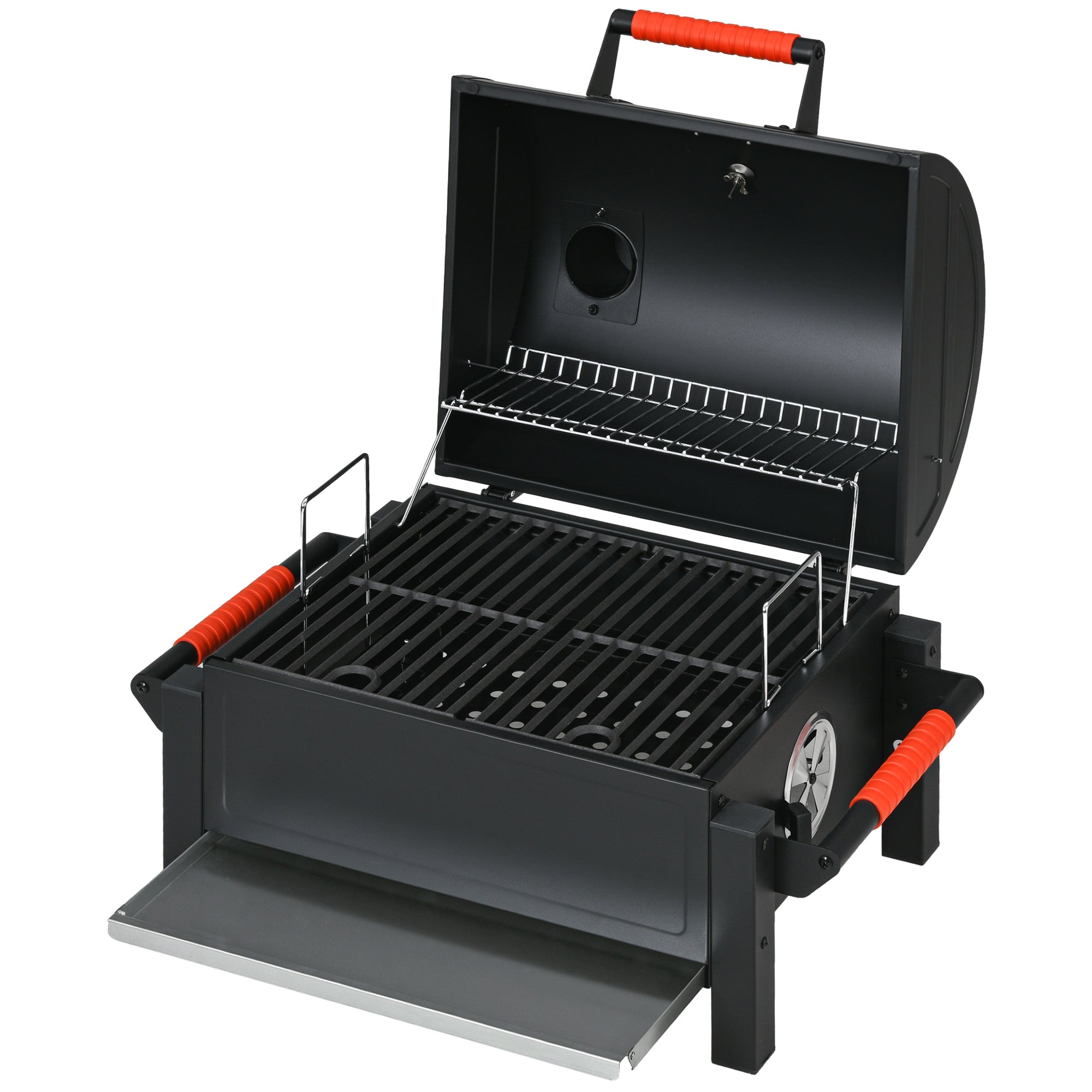 Wooden Charcoal Grill, Tabletop Grill with Grate, Charcoal Pan, Camping Grill with Lid, Handle, Thermometer, Table Wood Grill for Picnic, Garden, Black, 68.5 x 50 x 54 cm