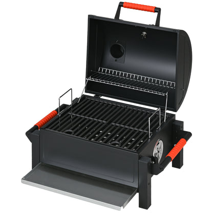Wooden Charcoal Grill, Tabletop Grill with Grate, Charcoal Pan, Camping Grill with Lid, Handle, Thermometer, Table Wood Grill for Picnic, Garden, Black, 68.5 x 50 x 54 cm