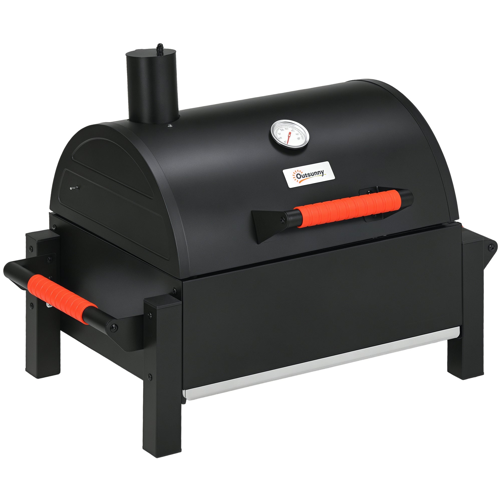 Wooden Charcoal Grill, Tabletop Grill with Grate, Charcoal Pan, Camping Grill with Lid, Handle, Thermometer, Table Wood Grill for Picnic, Garden, Black, 68.5 x 50 x 54 cm