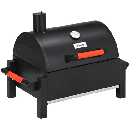 Wooden Charcoal Grill, Tabletop Grill with Grate, Charcoal Pan, Camping Grill with Lid, Handle, Thermometer, Table Wood Grill for Picnic, Garden, Black, 68.5 x 50 x 54 cm