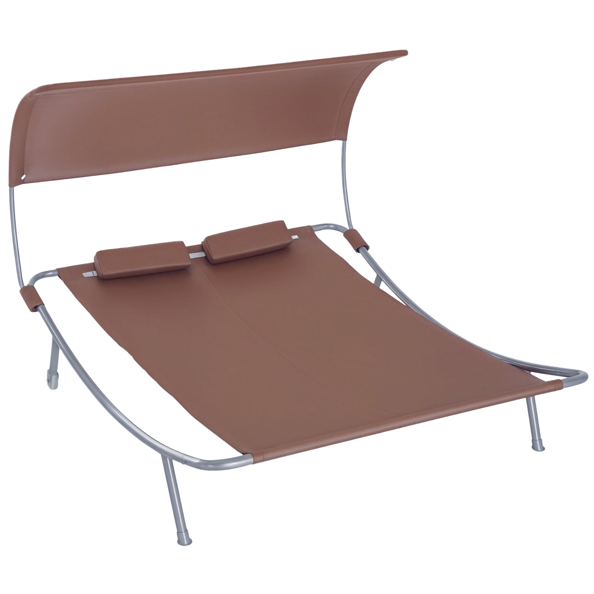 2-Seater Garden Sunbed Contemporary Design Adjustable Roof 2 Wheels 2 Pillows Epoxy Steel Polyester Dark Brown