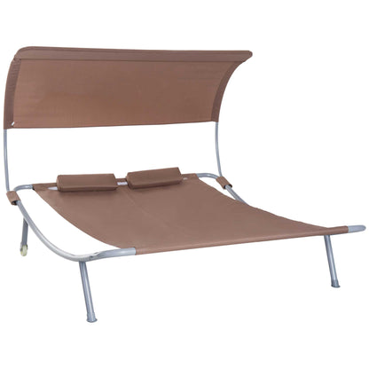 2-Seater Garden Sunbed Contemporary Design Adjustable Roof 2 Wheels 2 Pillows Epoxy Steel Polyester Dark Brown