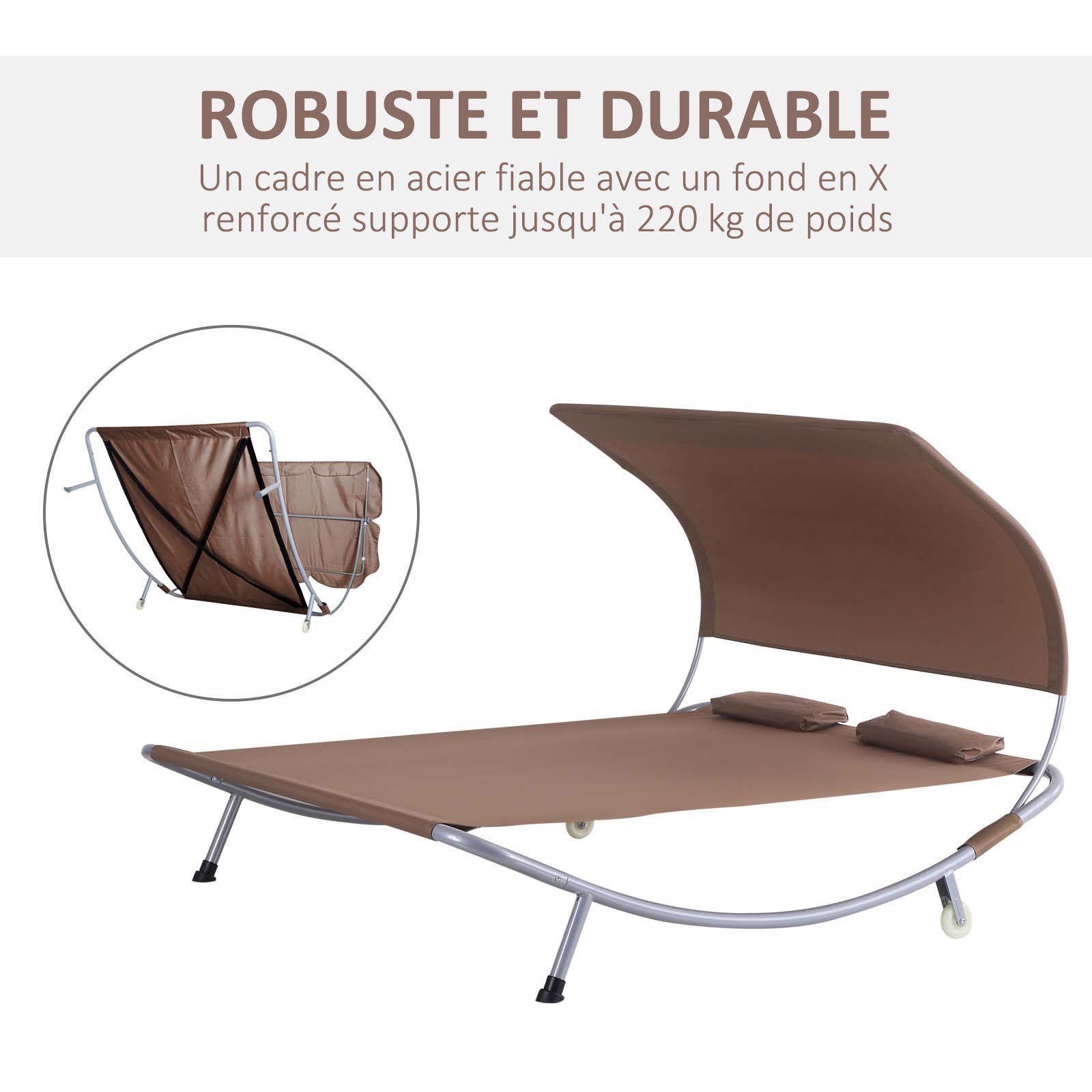 2-Seater Garden Sunbed Contemporary Design Adjustable Roof 2 Wheels 2 Pillows Epoxy Steel Polyester Dark Brown
