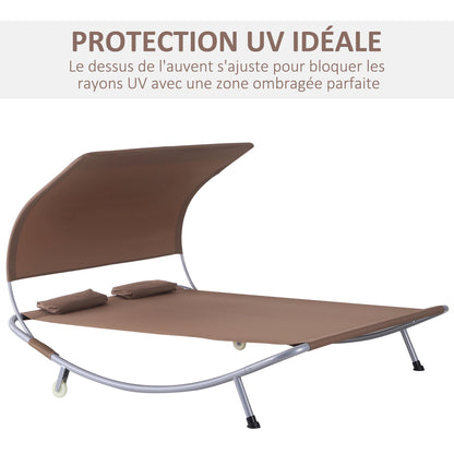 2-Seater Garden Sunbed Contemporary Design Adjustable Roof 2 Wheels 2 Pillows Epoxy Steel Polyester Dark Brown