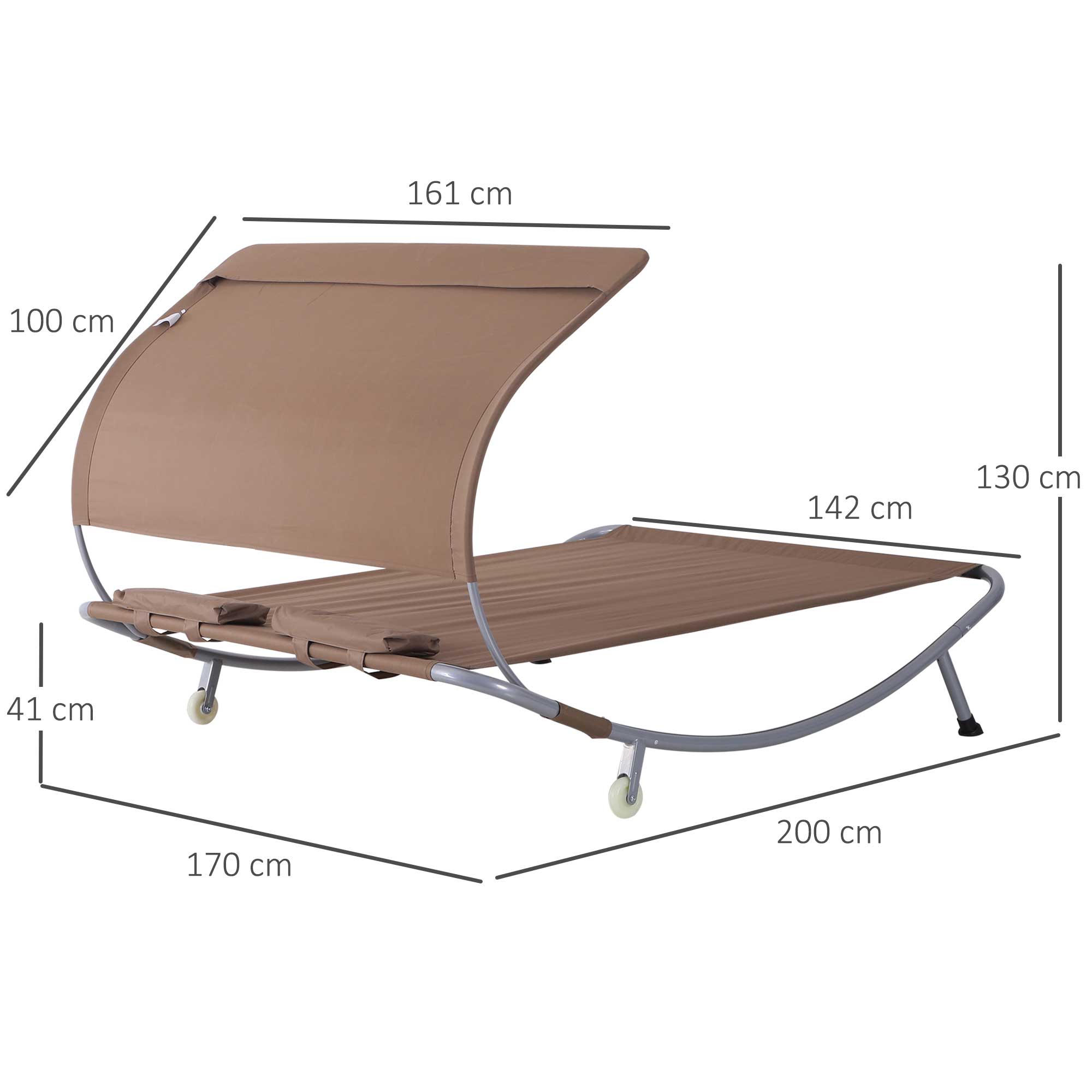 2-Seater Garden Sunbed Contemporary Design Adjustable Roof 2 Wheels 2 Pillows Epoxy Steel Polyester Dark Brown