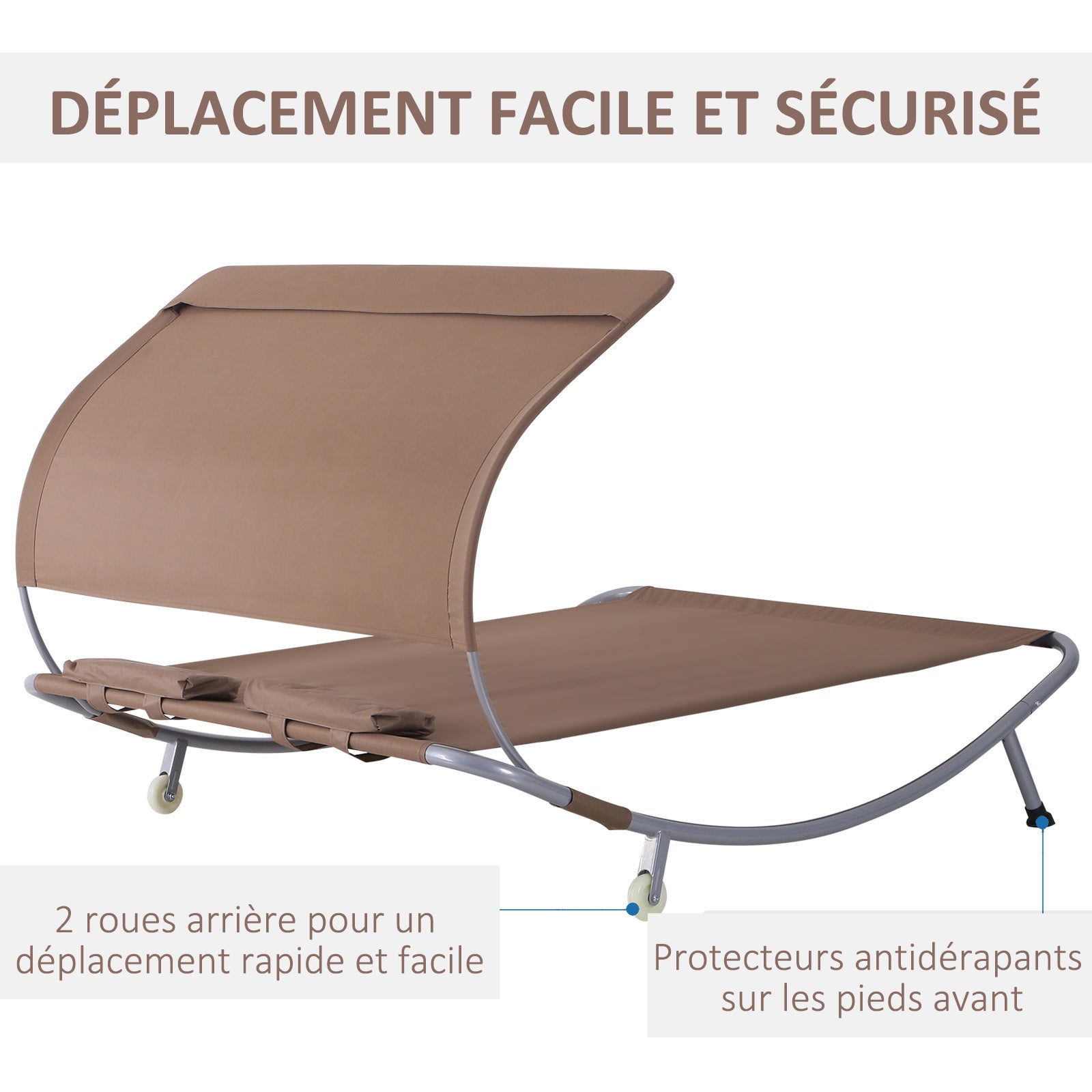 2-Seater Garden Sunbed Contemporary Design Adjustable Roof 2 Wheels 2 Pillows Epoxy Steel Polyester Dark Brown
