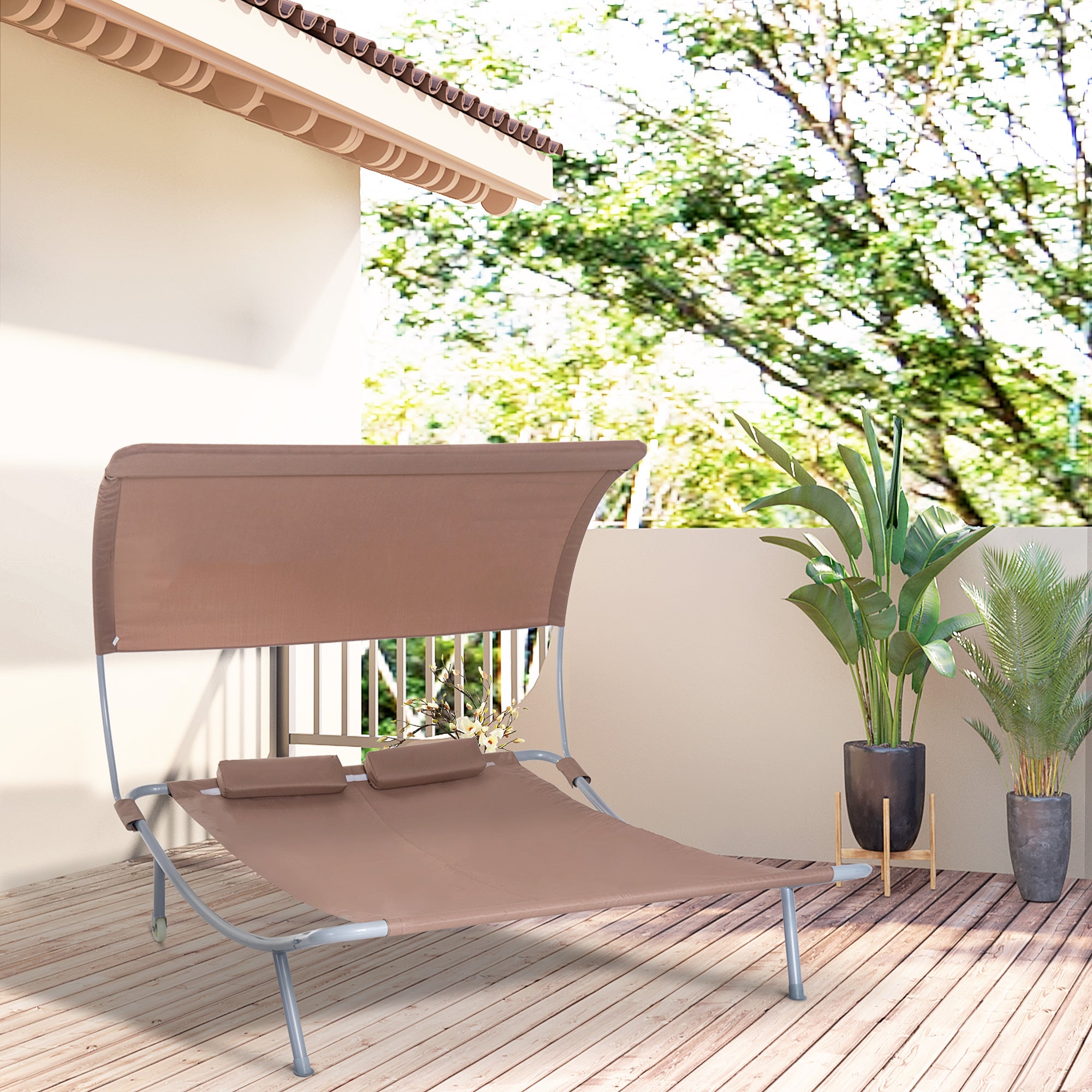 2-Seater Garden Sunbed Contemporary Design Adjustable Roof 2 Wheels 2 Pillows Epoxy Steel Polyester Dark Brown