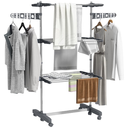 Clothes Rack Tower Cloth Dryer with 3 Levels, Foldable Wings, Wheels, Tower Clothes Stand for Indoor and Outdoor, 142 x 55 x 152 cm, Gray