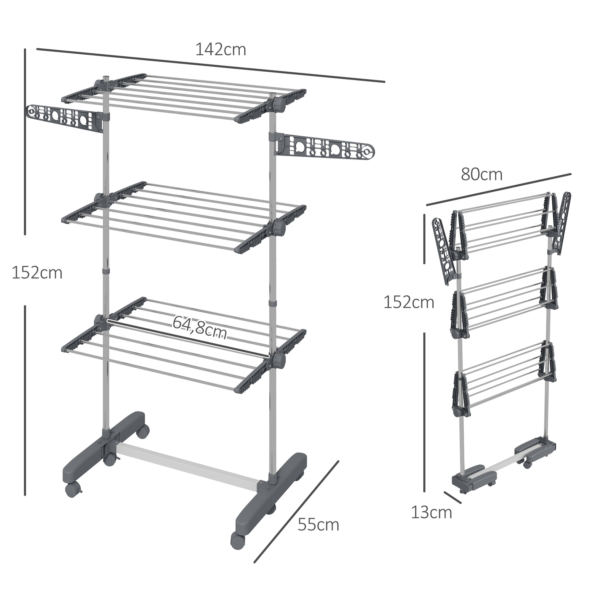 Clothes Rack Tower Cloth Dryer with 3 Levels, Foldable Wings, Wheels, Tower Clothes Stand for Indoor and Outdoor, 142 x 55 x 152 cm, Gray